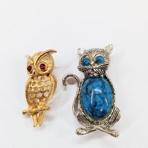 Vintage Pins Avon Owl and Gerrys Silver Cat Brooches Lot